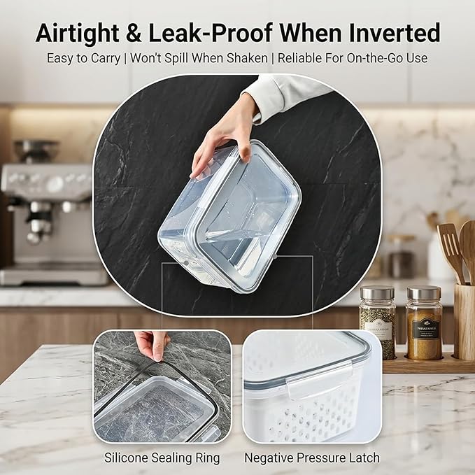 Fruit storage containers for fridge，with detachable drainer basket and airtight seal, stackable produce organizer, prolongs freshness of berries, greens, meats