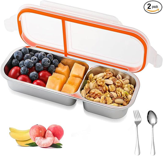 1PC 2 Compartment Grab and Go Snack Containers with Spoon Fork, Reusable Stainless Steel Snack Containers with Lids, Double Compartment Condiment Container for Travel and Outdoor Camping (1)