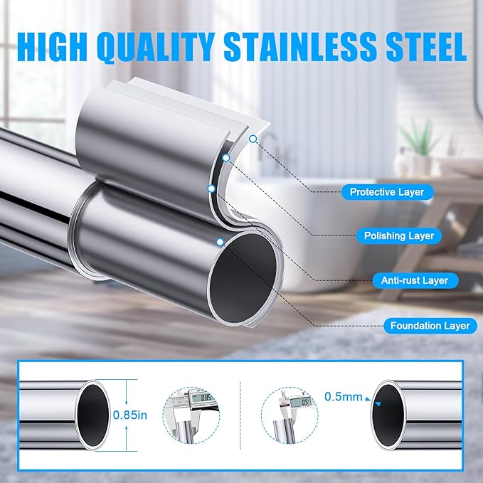 TEECK Shower Curtain Rod, 32-68 inch Adjustable Spring Tension Curtain Rod, Never Rust Anti-Slip Shower Curtain Rod for Bathroom, No Drilling, Never Collapse, Easy to Use, Silver