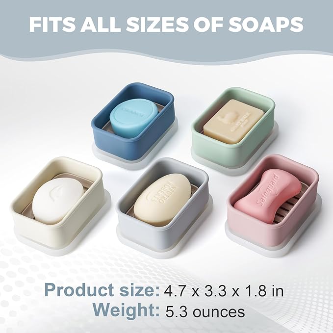 Compact Leakproof Travel Soap Case with Lid & Silicone Strap - Portable Draining Soap Bar Holder for Gym, Bathroom, Camping - Lightweight Silicone Soap Dish Container (Gray) ﻿