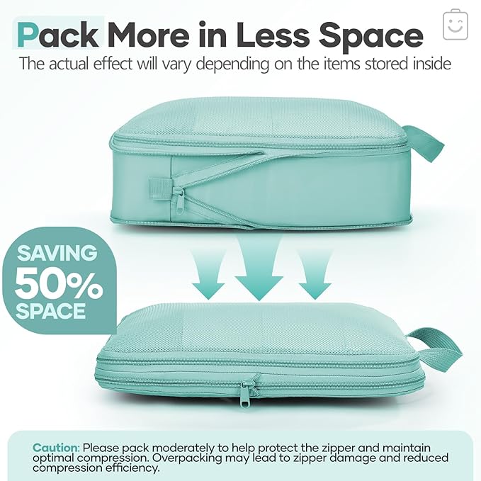 Veken 11-Piece Compression Packing Cubes for Travel Essentials, Compressible Expandable Large Luggage Suitcase Organizer Bags for Clothing, Durable Space Saver Storage Bags with Toiletry Bags (Blue Green)