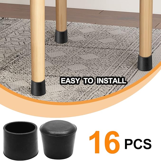 Piutouyar Round PVC Rubber Furniture Covers, 38mm / 1.5 Inches Table Chair Leg Tip Protectors, Non-Slip End Cap for Protect Surfaces, Black (16Pcs)