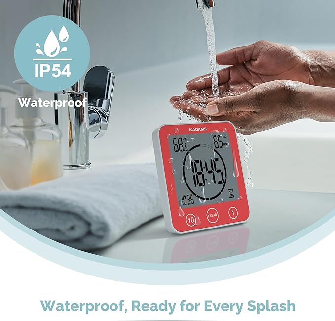 KADAMS Shower Clock Waterproof Bathroom Timer – Digital Wall Clock with Countdown, Magnetic Kitchen Clock with Temperature & Humidity, Suction Cup for Kids Shower Spa Sauna Cook Bath (Red)