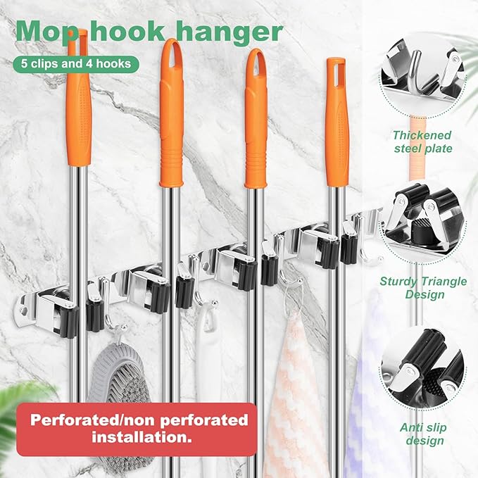 3 Pack Broom Holder Wall Mount 5 Racks 4 Hooks Stainless Steel Broom Mop Holder Anti Slip Storage Rack Strong Load Bearing Waterproof Broom and Mop Organizer Wall Hanging for Bathroom Kitchen Garage