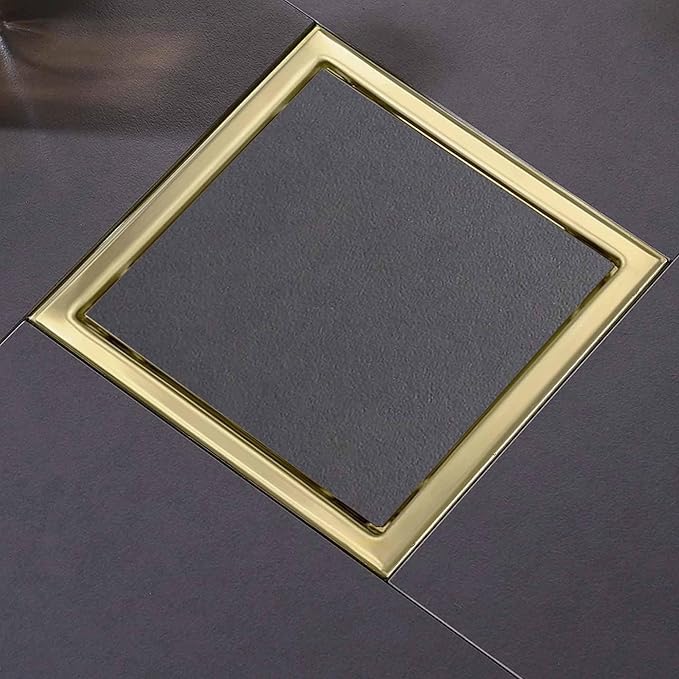 6 Inch Square Shower Floor Drain, Shower Drain Kit with Flange and 2 in 1 Tile-Insert Cover, Square Shower Drain, SUS 304 Stainless Steel Floor Drain,Brushed Gold