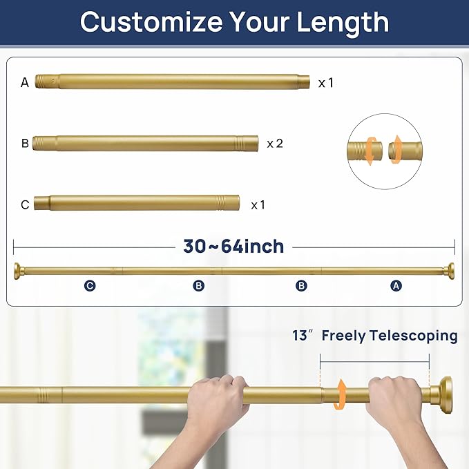ENJOYBASICS Shower Curtain Rod 30 to 64 Inches, 1 Inch Stainless Steel Adjustable Spring Tension Rods No Drill for Bathroom, Closet, Window, Room Divider, Never Rust, Non Slip, Gold