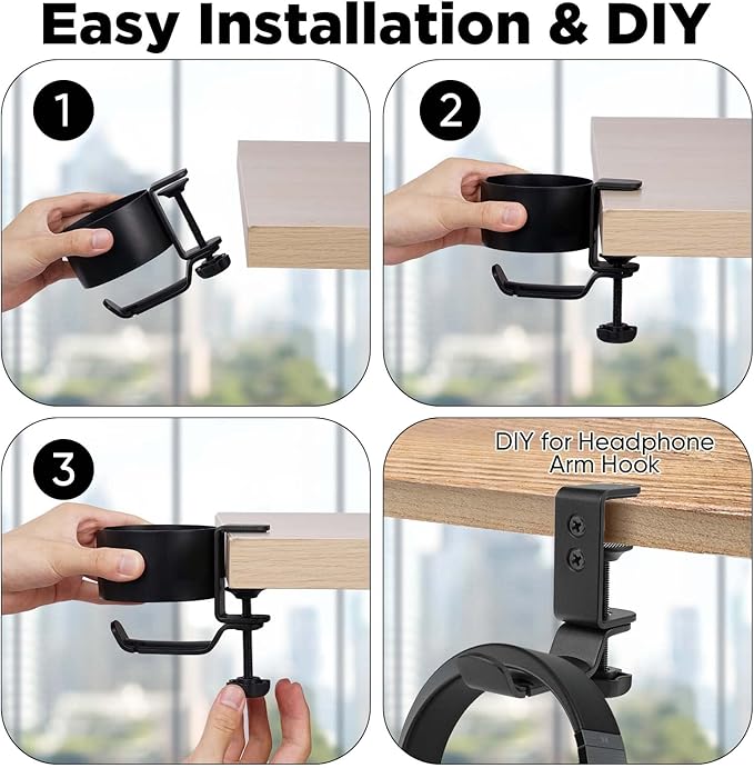 OOKUU 2-in-1 Desk Cup Holder with Headphone Hanger, Anti-Spill Cup Holder for Desk or Table, Easy to Install, Sturdy and Durable, Large Enough to Hold Coffee Mugs, Water Bottles, Headphones