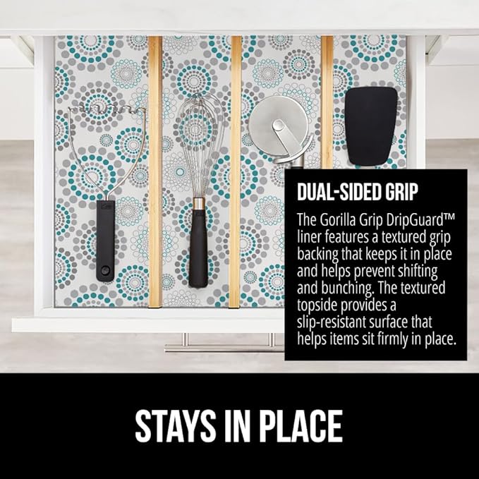 GORILLA GRIP DripGuard Shelf Liner, Non-Adhesive Drawer and Kitchen Cabinet Protector, Strong Grip Slip Resistant Underside, Smooth Surface Liners for Cabinets, Bathroom Closets, 17.5x240 Inch, Spiral