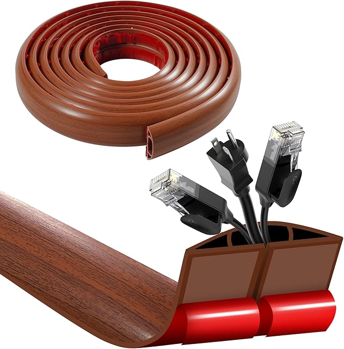 BEIEBIJOB 3.3ft Self-Adhesive Floor Cord Cover, Cord Hider for Floor, Cable Cavity: 0.61"(W) x 0.32"(H), Heavy Duty Cable Protector, Hide Extension Cords, Cable Management for Hiding Wires on Floor, Walnut Wood