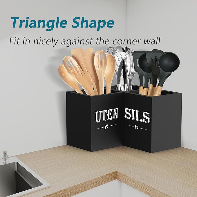Suli Extra Large Kitchen Utensils Holder with 3 Compartments, Corner Utensil Caddy for Countertop, Wooden Utensil Organizer for Kitchen Countertop, Farmhouse Decor - Black