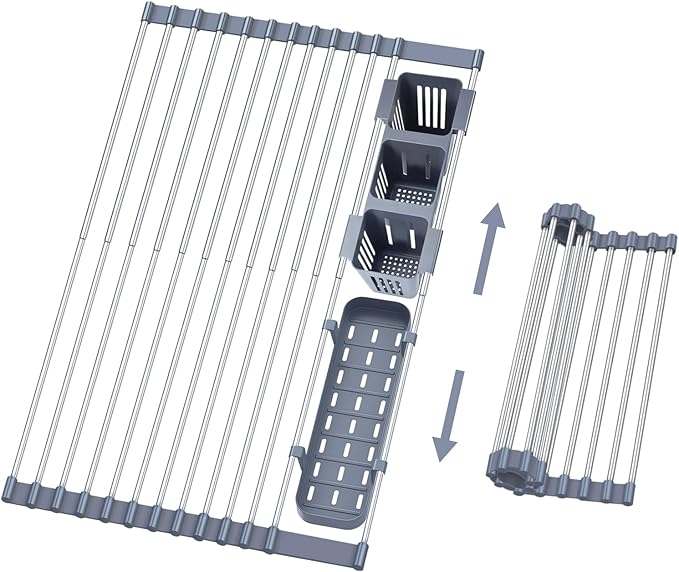 Extra Large Expandable Roll Up Dish Drying Rack, 22.8 x 17.3 in with Expandable Storage Basket Over The Sink Rolling Dish Drainer, Foldable Sink Dish Drainer for Kitchen Counter