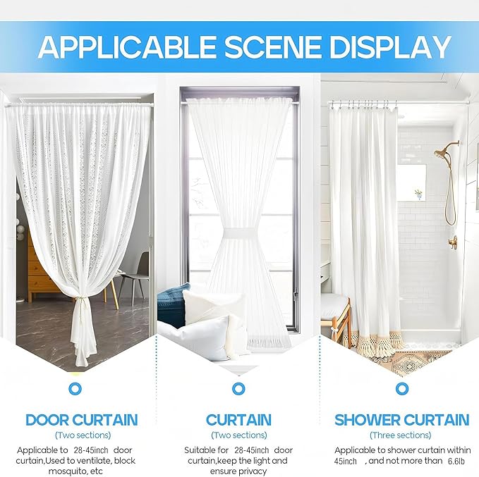 1 Pack Spring Tension Rods 28-45 Inches, 5/8 Inch Diameter White No Drill Spring Loaded Adjustable Extendable, Small Short Tension Curtain Rod for Windows Kitchen Doorway Closet Cupboard