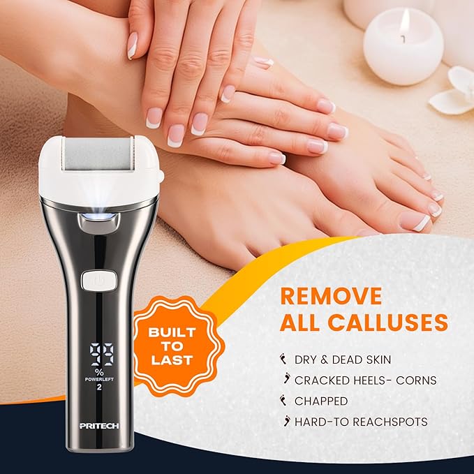 Electric Foot Callus Remover, Rechargeable Portable Electronic Foot File Pedicure Kit, Pedicure Tools for feet, 3 Roller Heads, 3 Speed, Battery Display for Remove Cracked Heels Calluses（BCM-1852）