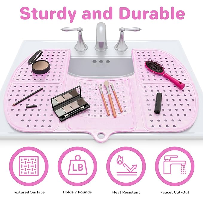 Sink Topper Bathroom Sink Cover for Counter Space & Storage Saver | RV Must Haves | Silicone Foldable Beauty Makeup Brush Cleaning Mat | Hot Tools Organizer | RV Sink Cover | Large, Pink