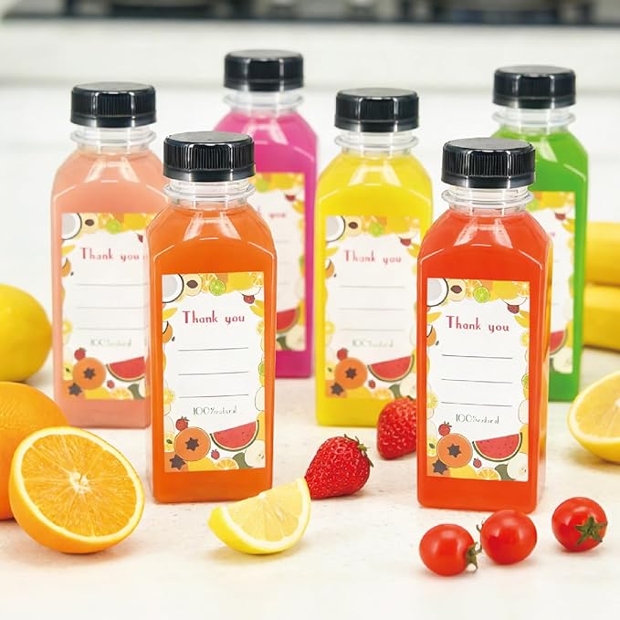 100 Pack 12oz Clear Reusable Plastic Juice Bottles with Caps, Food Grade BPA-Free Leak Proof Juicing Containers with 108 Labels & brush& Silicone Funnels for Homemade Juice, Smoothies & Travel