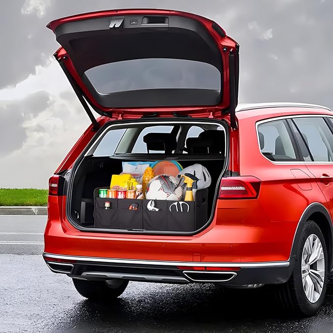 Trunk Organizer For Suv & Sedan,Car Organizers and Storage, Waterproof Collapsible & Adjustable Straps,70L Sturdy Car Organization for Car Accessories, Tools,Sundries,2-3 Compartment（Black
