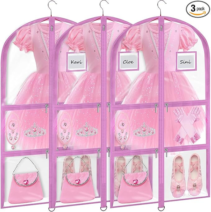 Garment Bags for Dance Costumes - 40 Inch Clear PVC with 5 Zipper Pockets (3 Pack) - Kids Dance Garment Bag for Dancers, Hanging Clothes Storage, Competitions & Travel (Clear Pink)