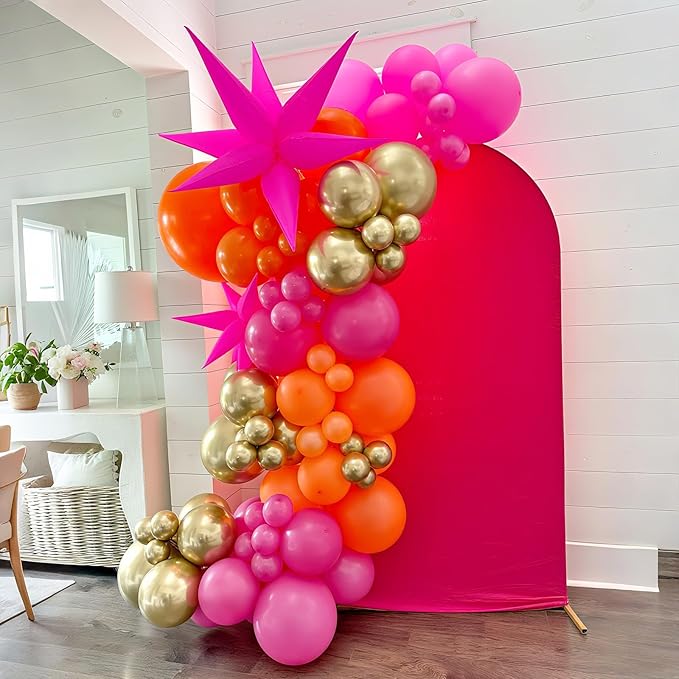 Pink Orange Balloon Garland Arch Kit,120Pcs 18/12/10/5 Inch Hot Pink Orange Metallic Gold Latex Balloons with Star Foil for Birthday Summer Tropical Wedding Party Decorations