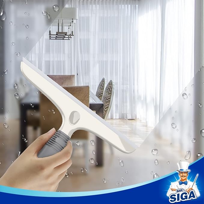 MR.SIGA Multi-Purpose Silicone Squeegee for Window, Glass, Shower Door, Car Windshield, Heavy Duty Window Scrubber, Includes Suction Hook, 10 inch, White & Gray, 2 Pack