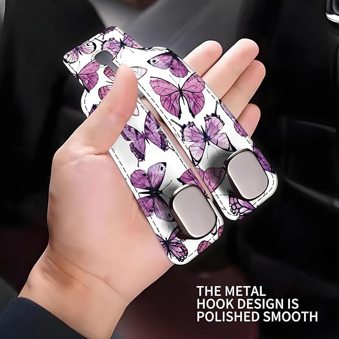 NUGGHU Car Seat Headrest Hook, Universal Leather Cute Hanger Holder Hook, Storage Organizer Interior Accessories for Purse Bags Handbag Luxury Purple Butterfly