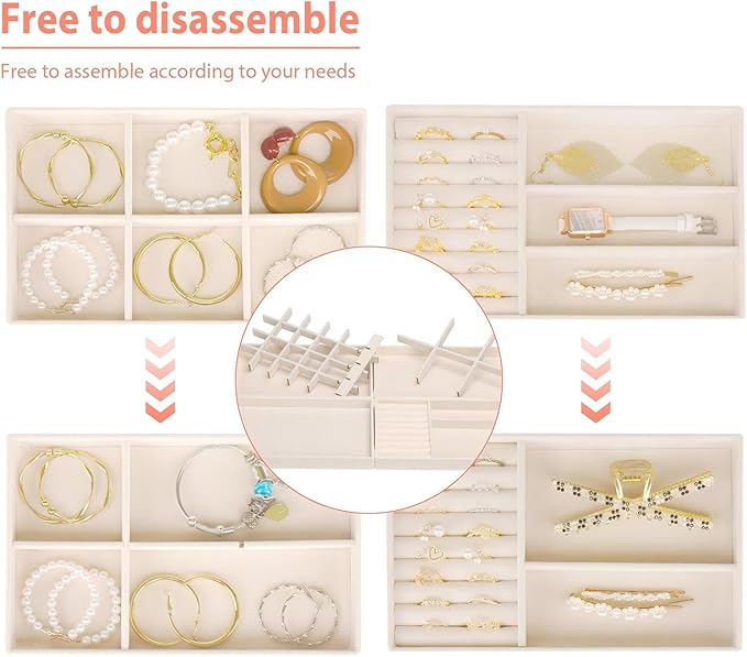 Cirhy Velvet Jewelry Drawer Organizer Trays – Stackable Jewelry Trays for Drawers, Set of 4 Jewelry Organizer for Drawer Inserts, Display Storage Box for Earrings, Rings, Necklaces, Bracelets