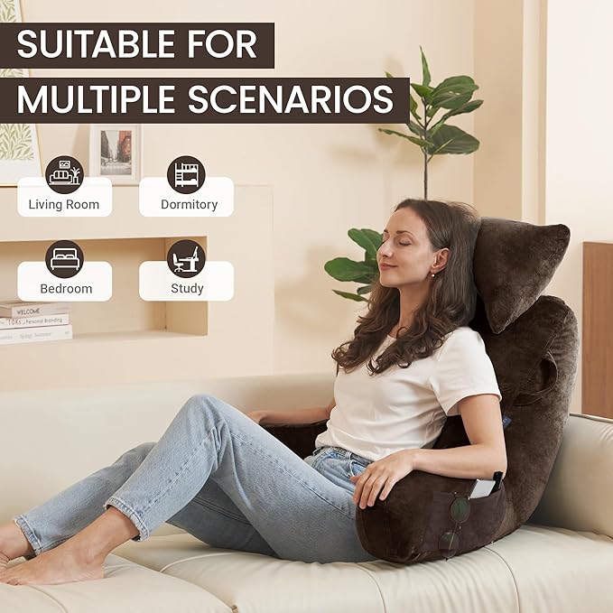 Portable Reading Pillows with Headrest for Bed Sitting Up(Brown Oeko-Tex), Velvet Back Pillow with Arms & Pockets for Adults, Support Memory Foam Bed Pillow for Dorm/Reading/Watching/Gaming