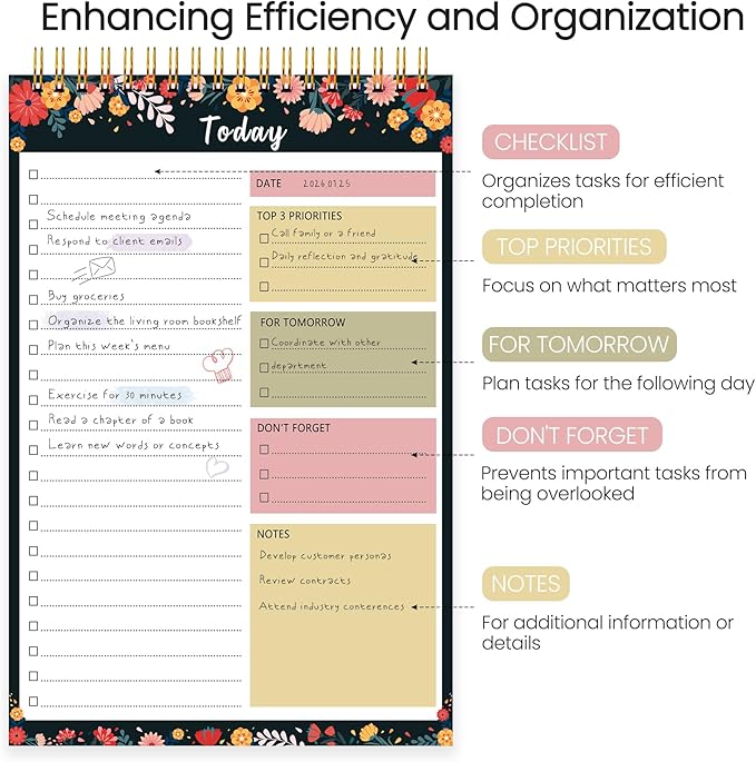 CICPAP To Do List Notepad - To Do List Notebook for Work with 52 Sheets, Undated Daily Planner Perfect for Enhanced Productivity and Goal Achievement - Black Floral
