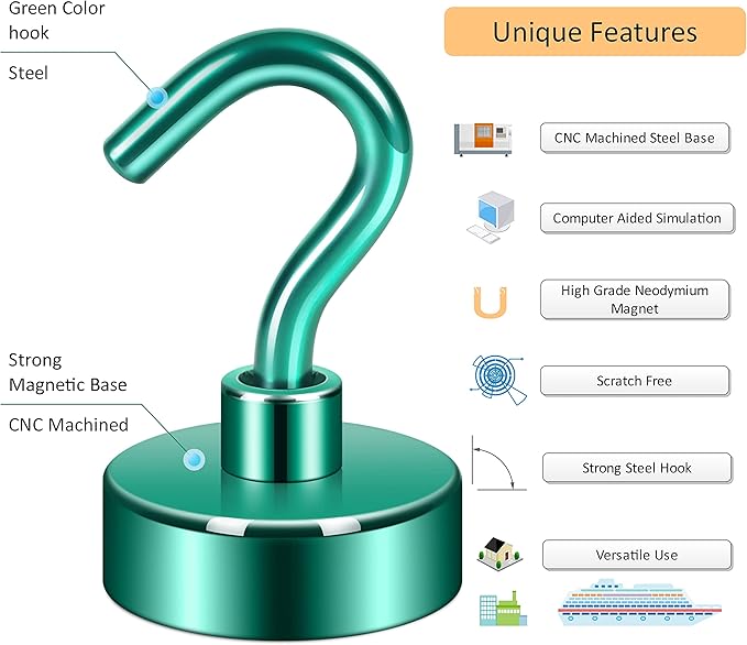Neosmuk Magnetic Hooks, Heavy Duty 40lb+ Strong Magnet Hook for Cruise Cabins, Cruise Ship Essentials for Hanging, Metal Wall Refrigerator Hangers (Green, 10 Pack)