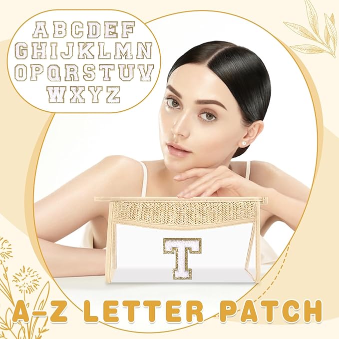 Personalized Initial Letter Bag Boho Straw Clear Makeup Bag, Small Cute Chenille Varsity Letter Bag With Zipper, Beach Travel Toiletry Bag, Portable Monogrammed Cosmetic Bag for Women Girls, T
