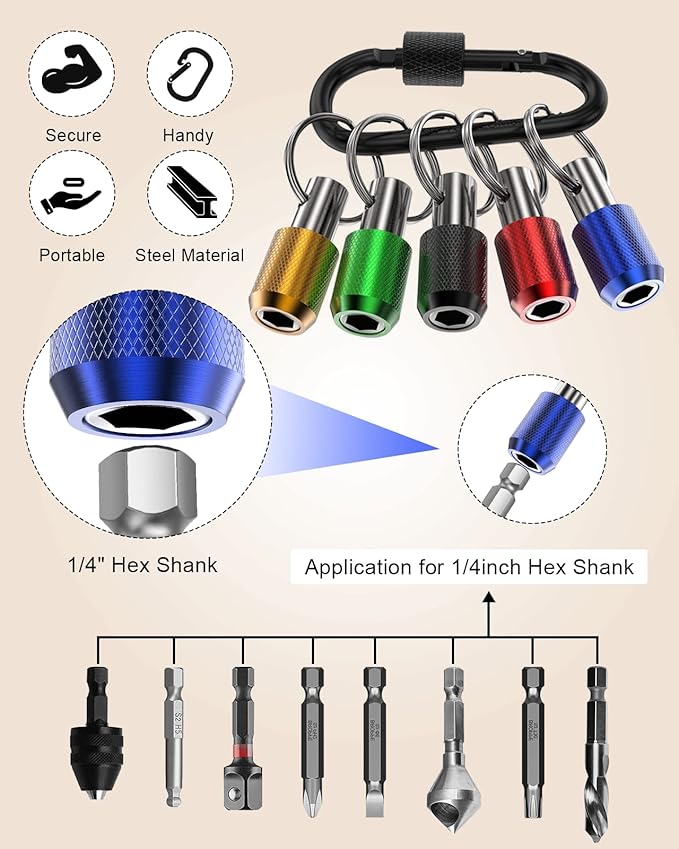 Tool Gifts, Upgrade, Steel Material, Katerk 5PCS 1/4 Inch Hex Shank Screwdriver Bits Holder Extension Bar Screw Adapter Drill Handy Heavyduty Keychain Bit Holder for Electric Screwdrivers, 5 Colors