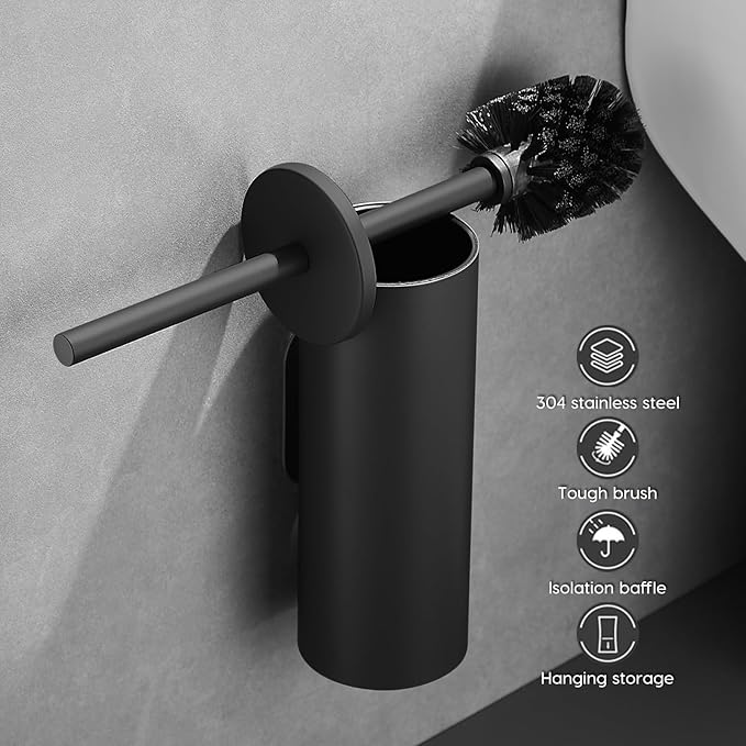 Toilet Bowl Brush and Holder, 304 Stainless Steel No-Punch Hook Base Dual-Purpose Toilet Brush Holder with Removable Inner Bucket and Splash Cover - Soft Bristles (Black)