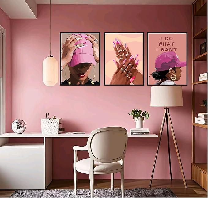 Unframed Black Girl Canvas Wall Art pink trend American Black Woman Posters Prints Wall Decor Pictures for Home Living Room Bedroom study Decoration,Unframed12 x 16inches X3piec
