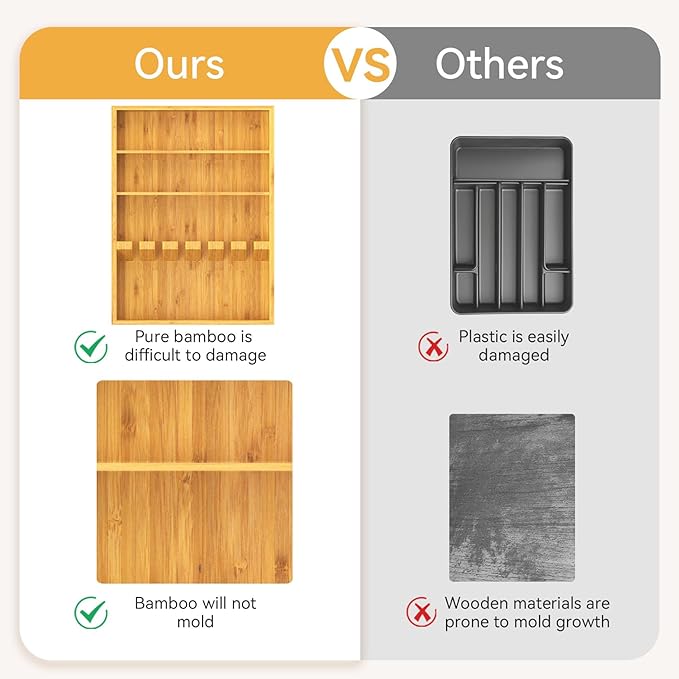 Yofidra Bamboo Silverware Organizer, 16.53 x 10.3 x 1.96 Inches Kitchen Utensil Drawer Organizer, Silverware Tray for Drawer with Fixed Slots for Spoons, Forks & Knives, Natural
