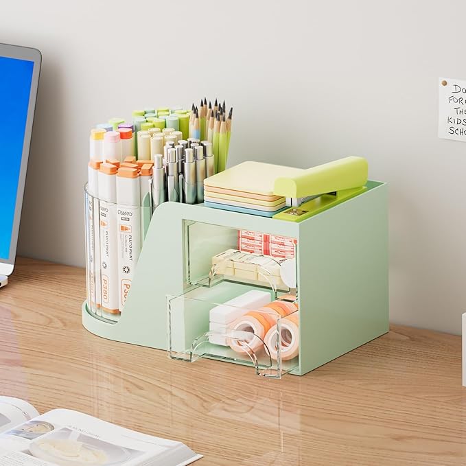Marbrasse Desk Organizer with 2 Drawers, 360° Rotating Pen Holder, Desk Organizers and Accessories with 6 Slot Pencil Holder + 2 Drawers, Art Supply Storage Box Caddy for Office (Green)