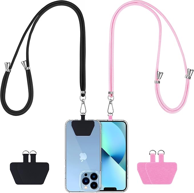CACOE Phone Lanyard 2 Pcs-2 Pcs Adjustable Neck Strap, 4 Pcs Patches, Universal Crossbody Multifuctional Cell Phone Lanyards Compatible with Most Smartphones(Black+Bright Pink)
