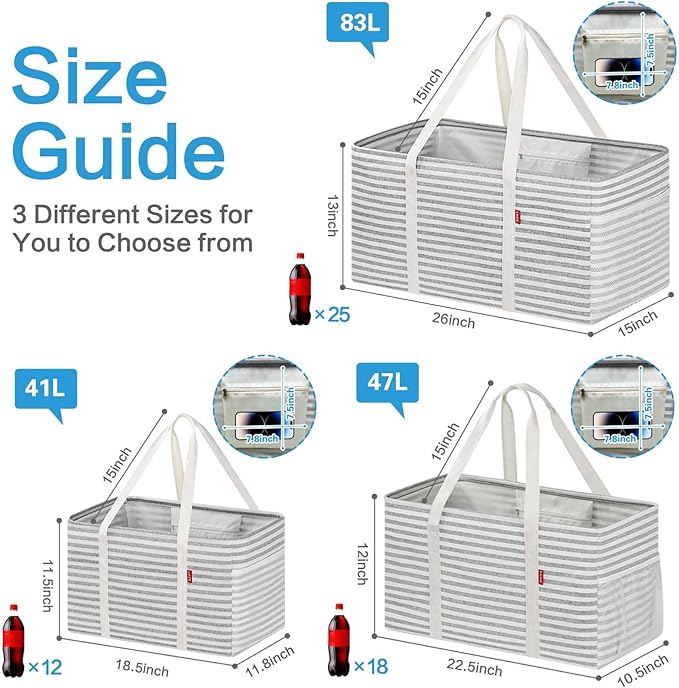 LHZK Standing Extra Large Utility Tote Bag with Metal Wire Frame and the Sides Rinforced, Extra Large Tote Bag with Handle, Reusable Grocery Bags Foldable, Beach Bag, Car Tote (Gray)