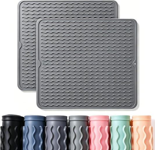 CAKETIME 2 Pack Silicone Dish Drying Mat for Kitchen Counter Coffee Bar Accessories Heat Resistant Waterproof Dining Under Sink Organizers Dog Food mat Must Haves Extra Large 18"x16" Gray
