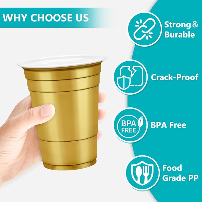 LANLISA 100 Gold Plastic Cups, 16 oz Disposable Cups, Drinking Cups For Thanksgiving, Harvest, Fall, New Year, Graduation Party Supplies