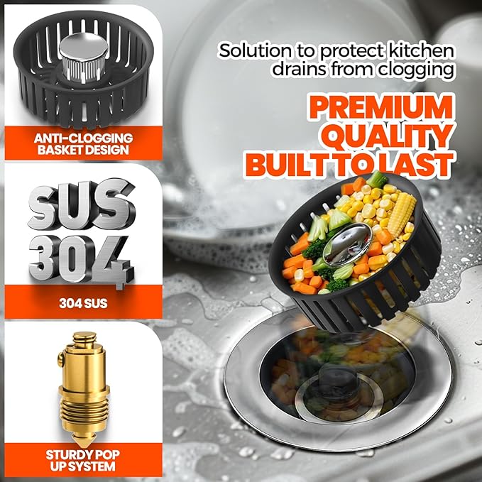 Sink Drain Strainer - Sink Stopper, 3-in-1 Kitchen Stainless Steel Drain Plug with Anti-Clog Basket, Pop-Up Cover Fits Standard 3-1/2” Openings for Double Bowl Kitchen Sinks,Black