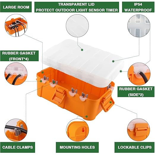 Flemoon Outdoor Electrical Box with Transparent Lid, IP54 Waterproof Box with Clear Cover for Photocell Light Sensor Timer, Power Strip, Outlet, Plug, Socket, Orange