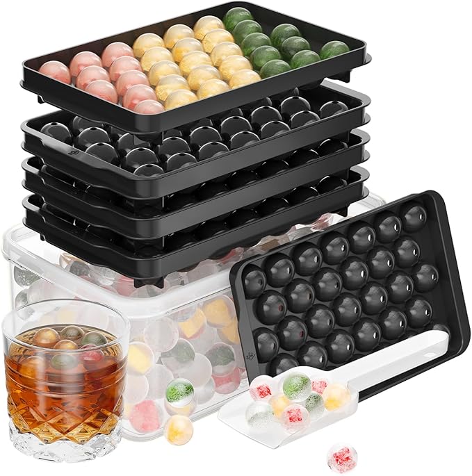 Ice Cube Tray with Lid and Bin, 3 Pack Ice Trays for Freezer, 99 Pcs Round Ice Cube Mold, Ice Maker Bucket with Scoop for Cocktail, Coffee, RV Accessories, Easy to Release (0.8 inch, Black)