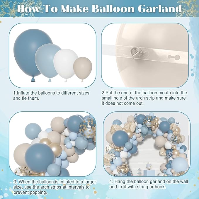 Ouddy Party Dusty Blue Balloons Arch Garland Kit, Different Sizes 18 12 10 5 Inch Dusty Blue Sand White Baby Blue Latex Metallic Confetti Balloon for Baby Boy Shower Wedding Birthday Party Decorations