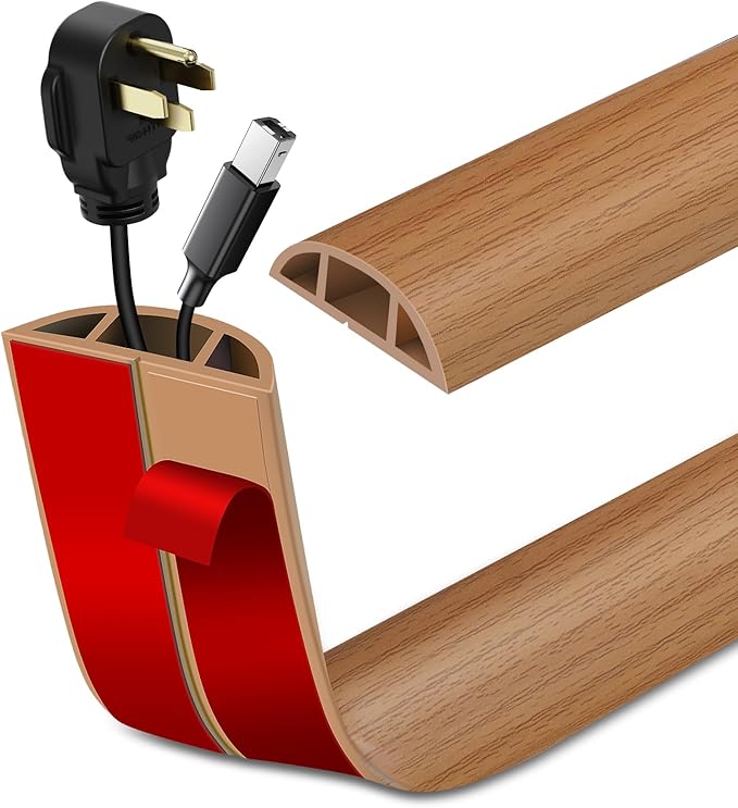 Floor Cord Cover Self Adhesive Cord Hider Floor Extension Cord Covers for Floor Power Cord Protector Cable Management Prevent Cable Trips Cable Cavity 0.59" W x 0.31" H (Light Brown Wood, 3.3Ft)