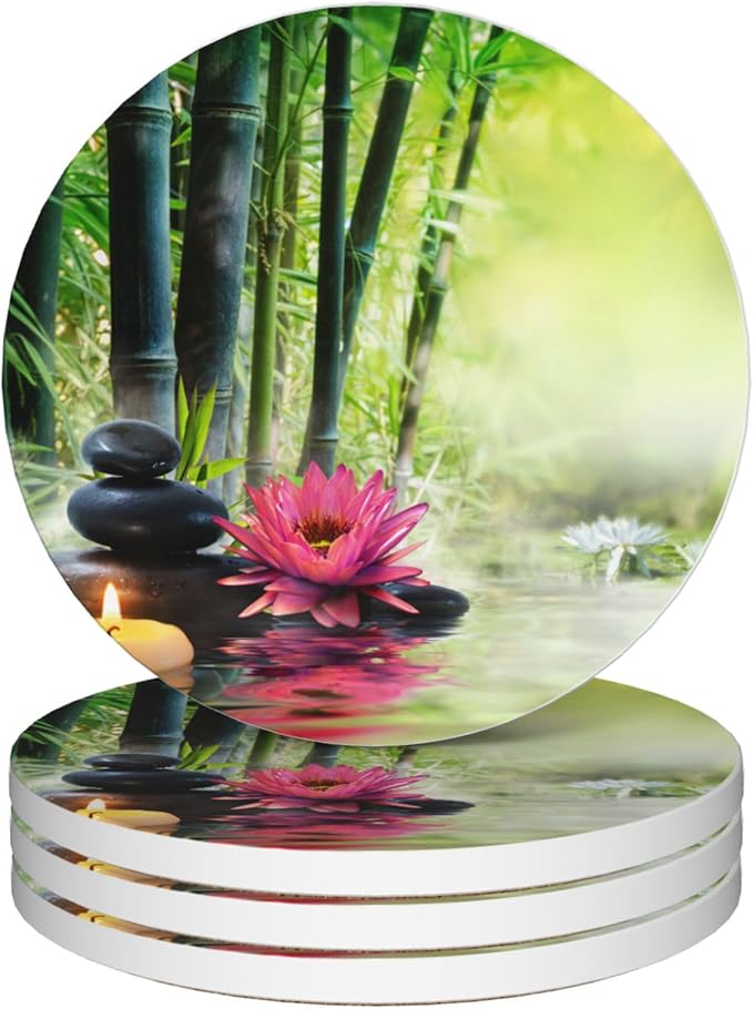 Zen Bamboo Round 4" Cup Coasters Set of 4, Absorbent Ceramic Stone Coasters with Cork Base, Ideal Home Decor Gifts