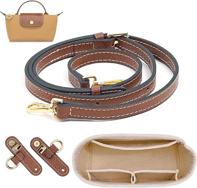 2 Kit Mini Bag Leather Shoulder Strap and Felt Purse Organizer Insert for Longchamp Mini XS Bag, Punch-Free Adjustable Buckle Design (Beige & Strap)