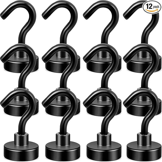 Neosmuk Magnetic Hooks, Heavy Duty 30lb+ Strong Magnet Hook for Cruise Cabins, Cruise Ship Essentials for Hanging, Metal Wall Refrigerator Hangers (Black, 12 Pack)