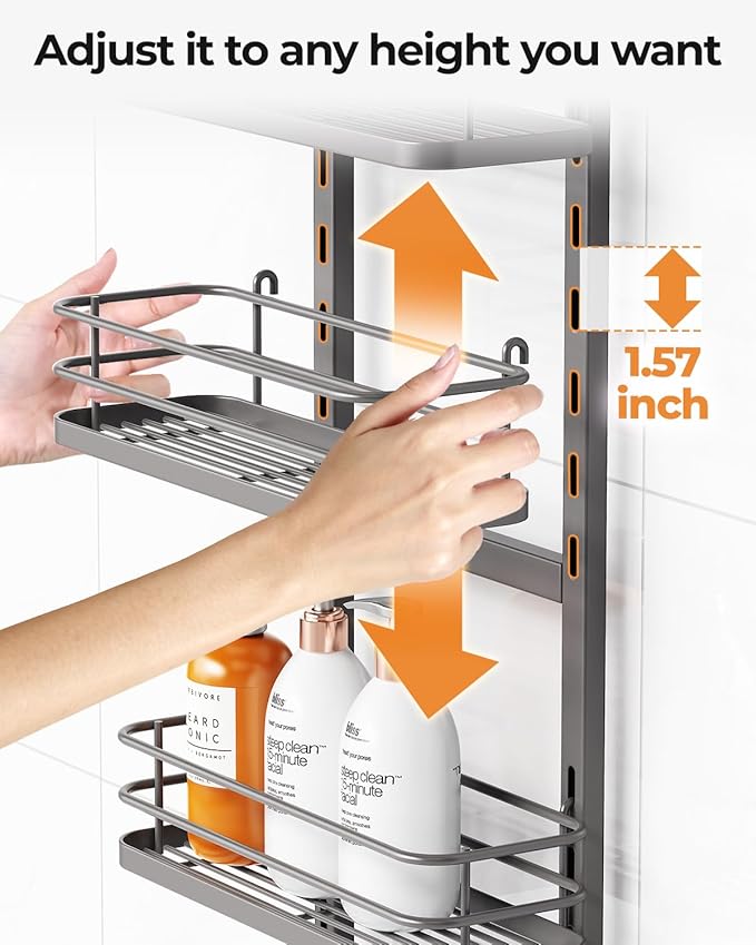 ODesign 3 Tier Height-Adjustable Shower Caddy, Hanging Anti-Swing Over-The-Shower-Head Caddy, Shower Storage Organizer Bathroom Shelves Basket Caddies, Grey