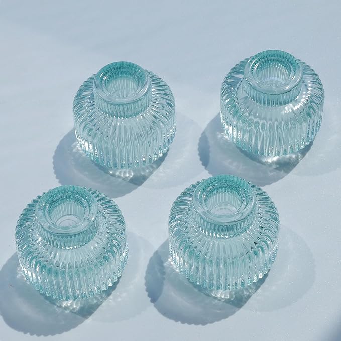 Woho Light Blue Candlesick Holders Set of 4 for Taper Candles, Ribbed Glass Candle Stick Holder Decor for Wedding Table Centerpiece, Reversible Taper Candle Holders Vintage for Baby Shower/Home Decor