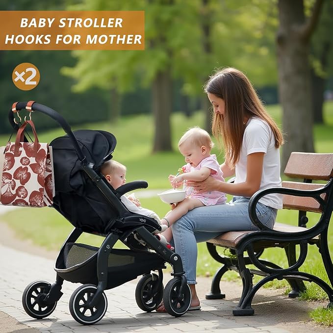 2 Pack Stroller Hooks,Strong Synthetic Leather Hook-and-Loop Fastener&High-Quality Metal Hooks,Universal Bag Clip|360° Rotation, 66lb Capacity,Non-Slip-Fits Wheelchair(Pink-Silver Gray)