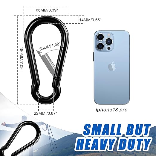 KINLINK 1 Pack Black Carabiner Clip, 7 inch Heavy Duty Spring Snap Hook, Large Carabiner Clips for Camping, Swing Set, Hammock, Hiking, Travel, Weight Lifting Machine, Home Gym Equipment
